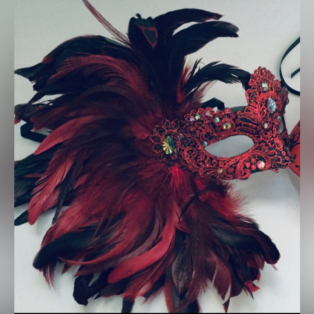 Black Red Lace masquerade mask with Feather Christmas New Year Party